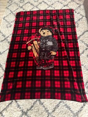 Ralph Lauren Red and Black Plaid Bear Throw Blanket